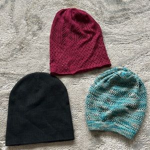 Beanie trio - red, black, and blue, lightweight knit fashion beanies